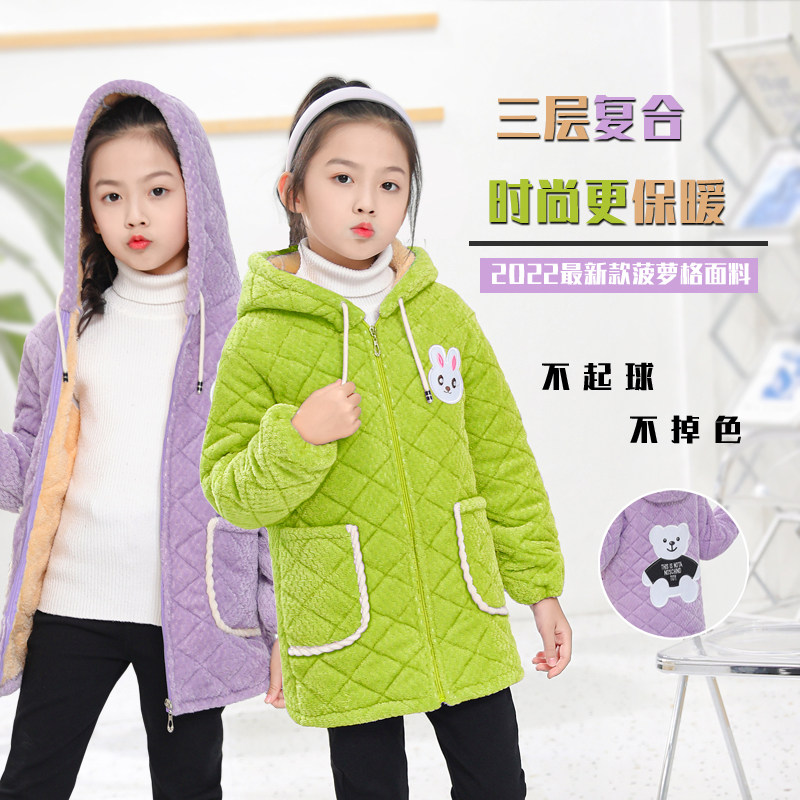 2022新款儿童秋冬季菠萝格罩衣三层加绒加厚外套防脏护衣可爱围裙