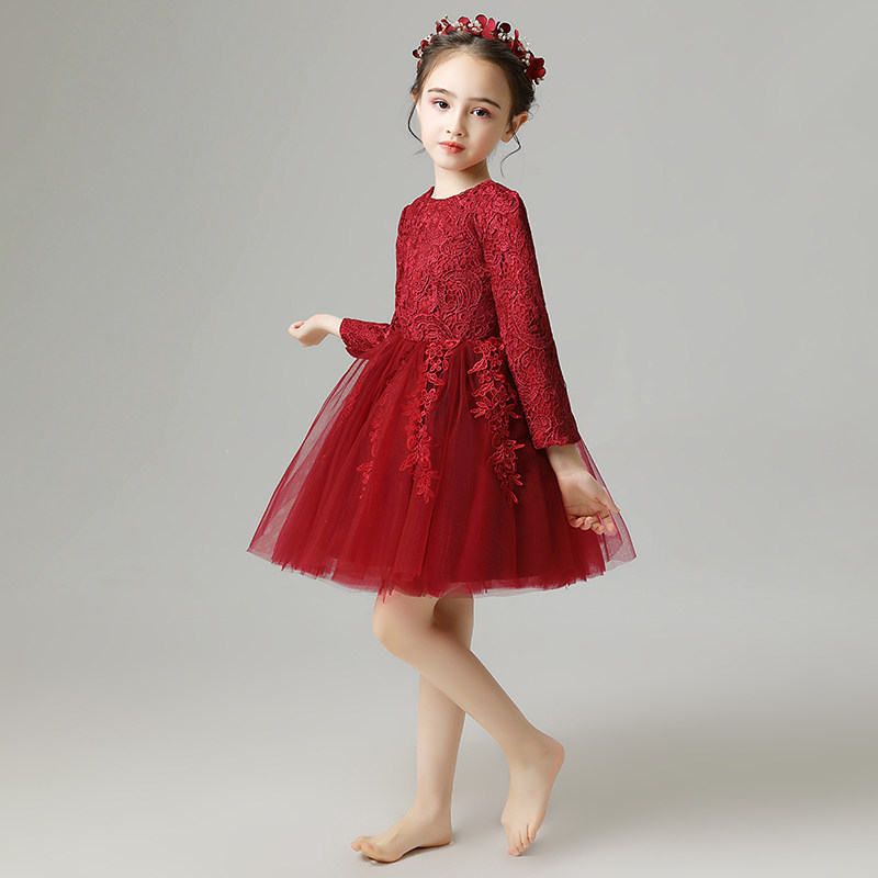 儿童晚礼服长袖女童公主裙小孩婚纱蓬蓬花童生日演出服加绒厚冬秋
