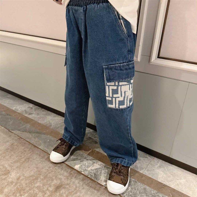 重工水洗字母绣花直筒牛仔裤大口袋潮款单宁裤子男女童松紧腰裤装,童装/婴儿装/亲子装,儿童牛仔裤,淘宝优惠券,粉丝福利购,淘宝优惠卷