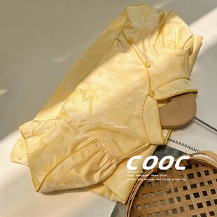 2024夏季新款女童黄色花苞袖旗袍小女孩洋气新中式连衣裙国风