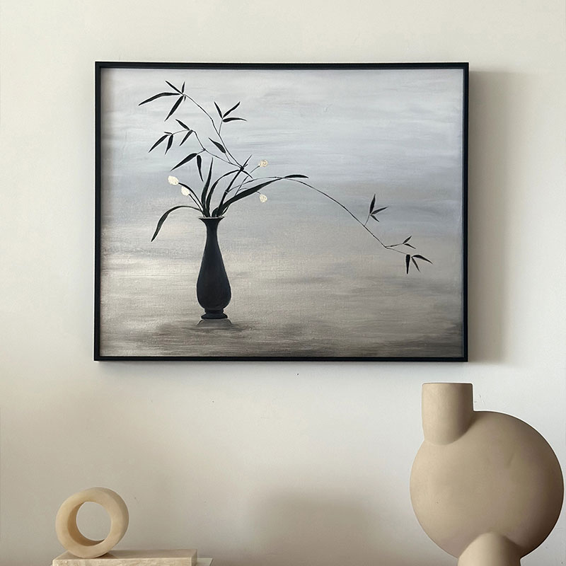 【纯手绘】新中式银箔手绘装饰画客E厅玄关书房简约风挂画设计软图片