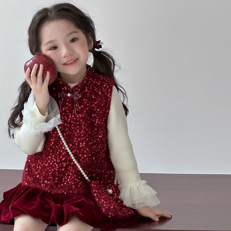 新年衣服女童加绒背心裙2024秋冬儿童红色拜年服女宝宝亮片公主裙