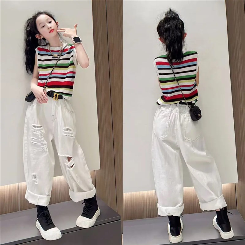 女童夏韩版彩色条纹冰丝针织背心时尚个性破洞老爹裤洋气套装潮范
