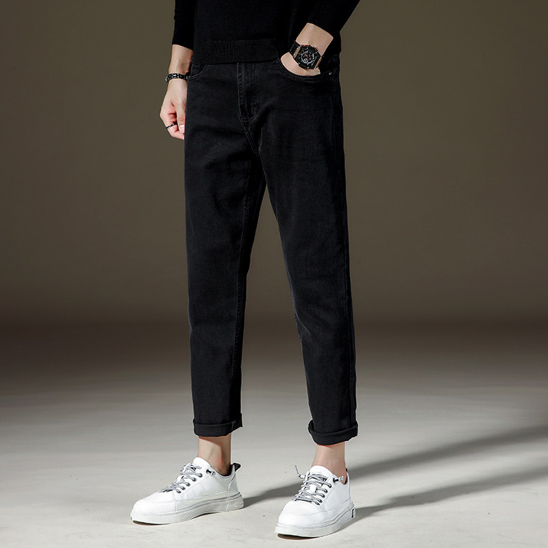 黑色牛仔裤男九分裤宽松直筒春秋款潮流百搭弹力男士9分夏季薄款
