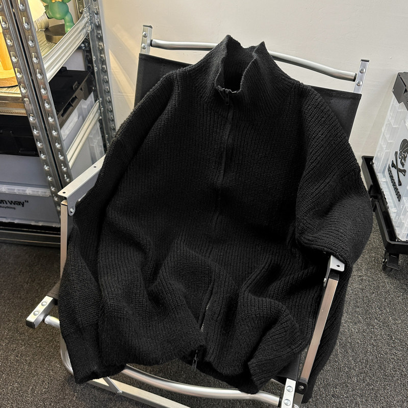 纯色半高领双拉炼针织开衫男士秋冬季韩版宽松高级感小众毛衣外套