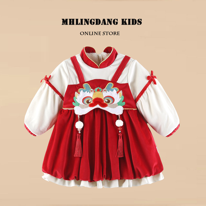 周岁礼服女宝宝冬装中国风女童洋装抓周冠衣儿童加绒唐装拜年服