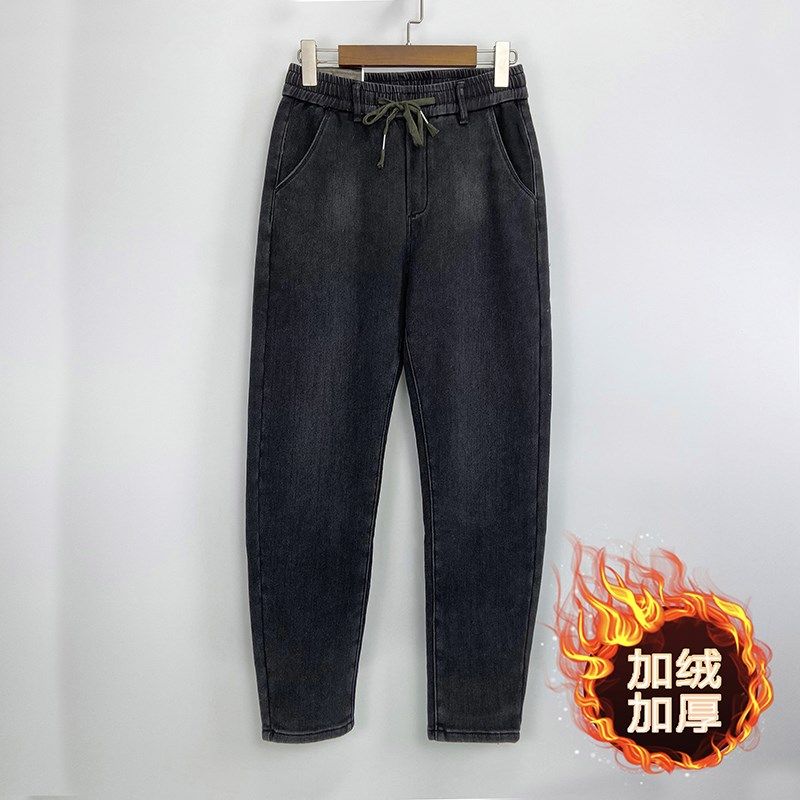 秋冬加绒加厚保暖黑色修身长裤弹力松紧腰系绳深色小直筒牛仔裤男