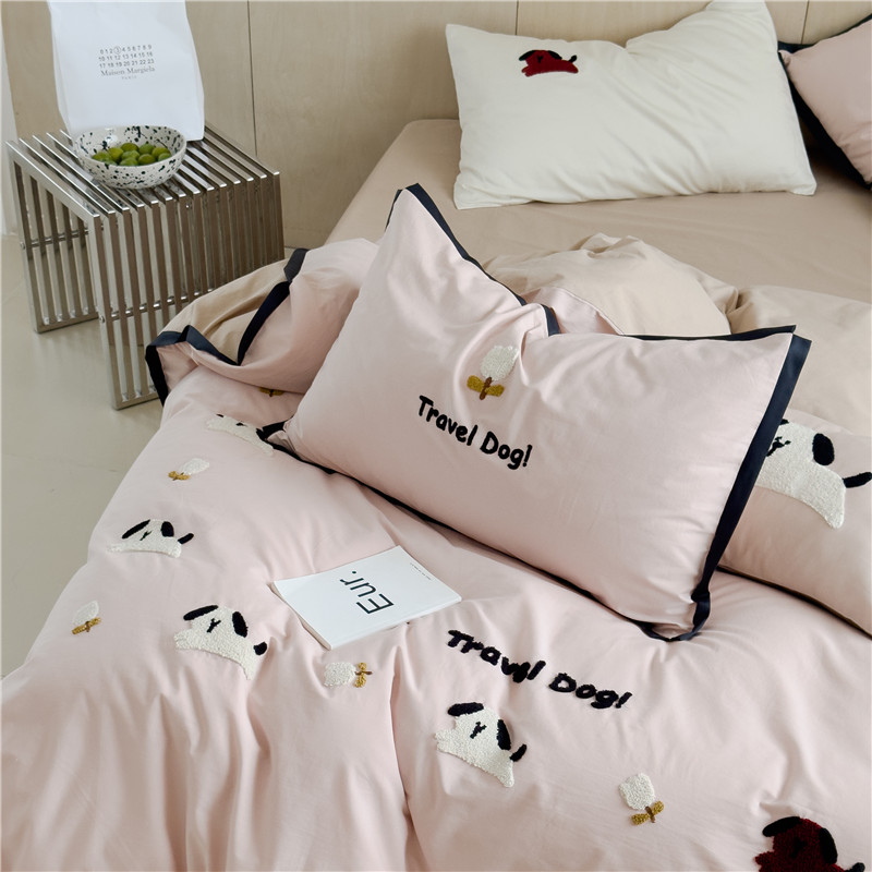 儿童卡通水洗棉四件套q全棉牀上用品刺绣毛巾绣可爱动物纯棉被套