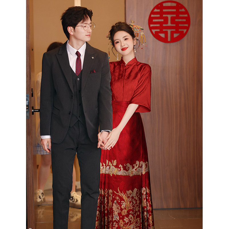新中式马面裙婚服敬酒服新娘高级感红色旗袍套装结婚嫁衣订婚礼服