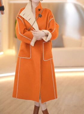 高端过膝减龄呢子外套2024年新款春季橙色中长款双面羊绒大衣女