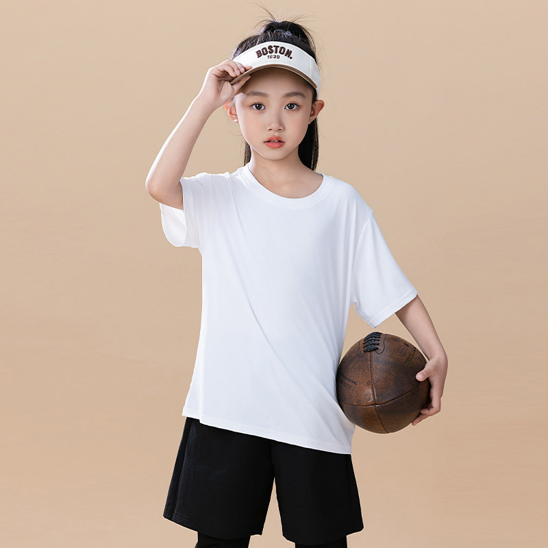 儿童速干短袖2024夏季新款女大童T恤夏装男童纯色短T运动上衣童装