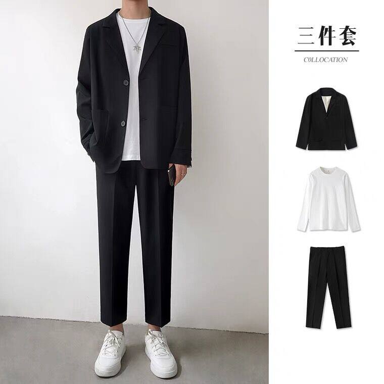 休闲西装套装男秋冬坠感西服外套三件套韩版潮流男士宽松直筒西裤