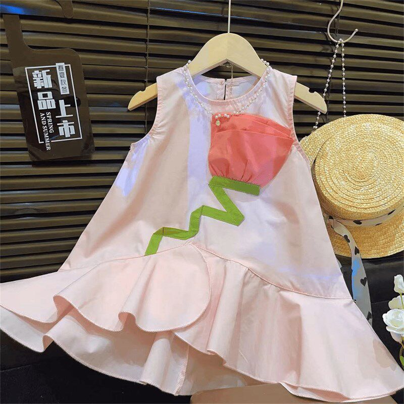 2024夏季新款甜美洋气女童无袖棉连衣裙女孩花朵可爱鱼尾裙公主裙