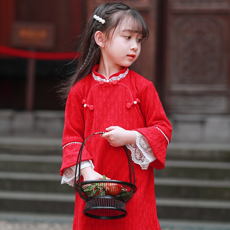 儿童旗袍春季新款中国风长袖洋气改良唐装女孩红色古风汉服连衣裙