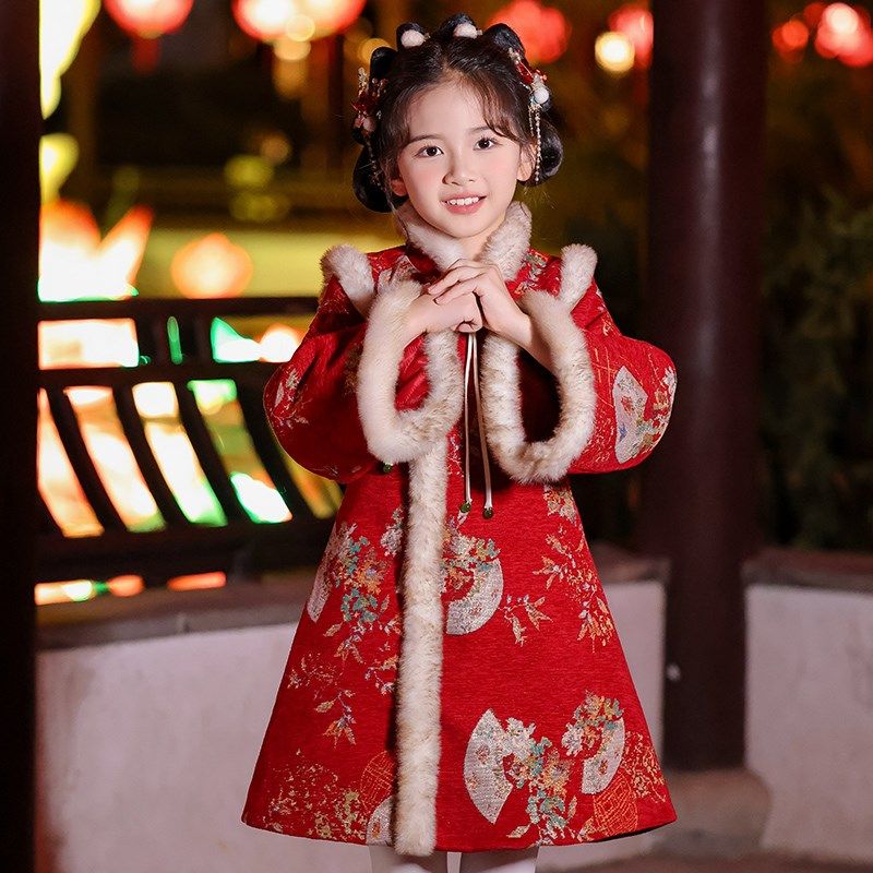 女童旗袍拜年服冬装中国风红色2024新款新年裙子冬季儿童过年衣服