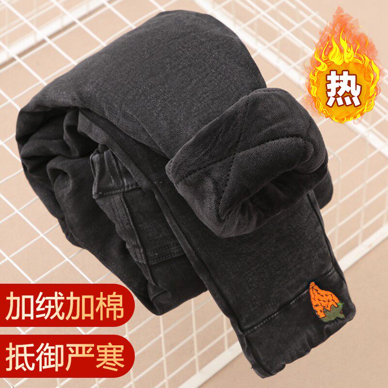 女童棉裤冬加厚外穿加绒三层保暖儿童女大童高腰紧身小脚牛仔裤子