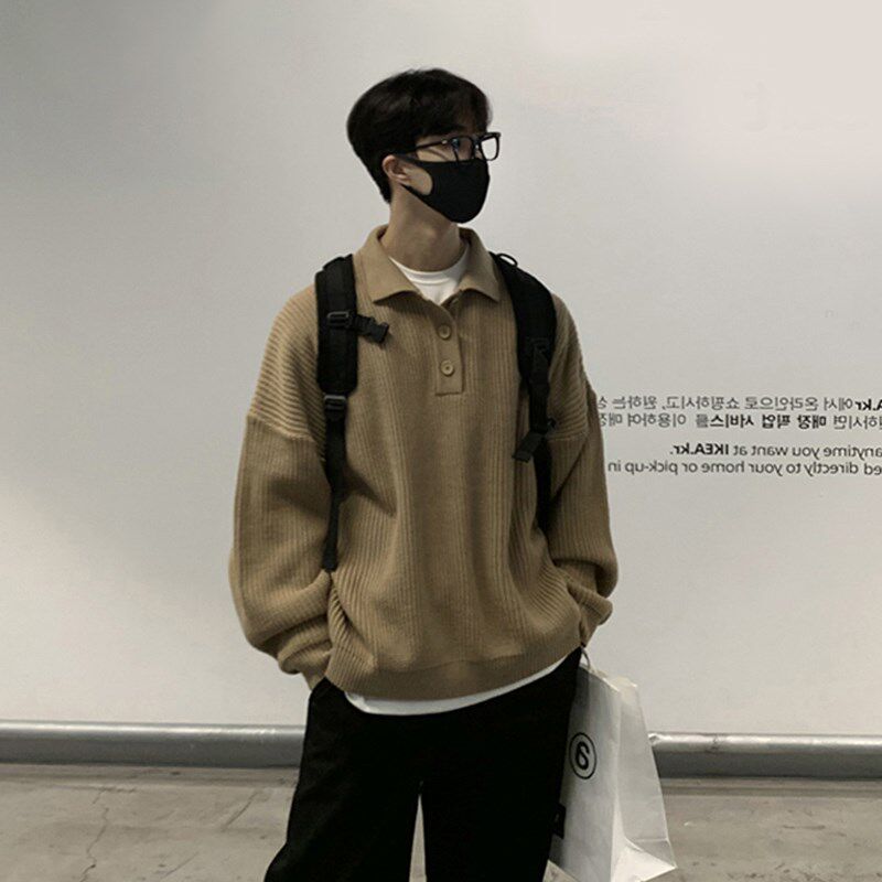 男士翻领扣子毛衣韩版休闲粗线套头针织衫秋冬慵懒风加厚毛衣