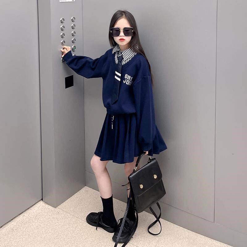 女童学院风套装春秋款2025新款儿童假两件卫衣蛋糕裙裤休闲两件套