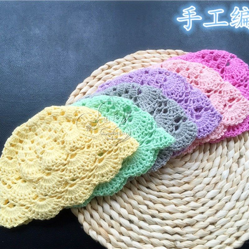 新生儿0-3-6-12个月婴儿帽子手工针织纯棉毛线宝宝帽子女春秋薄款