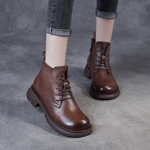 早秋新款平底小短靴子英伦风马丁靴单靴棕色复古高帮女鞋子潮真皮