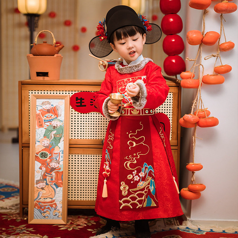 冬款中国风年服唐装男童汉服圆领袍拜年服儿童古风过年童装加绒