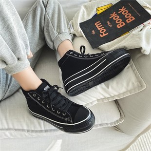 2022冬季新款厚底加绒帆布鞋女全D黑色保暖棉鞋松糕跟增高休闲鞋