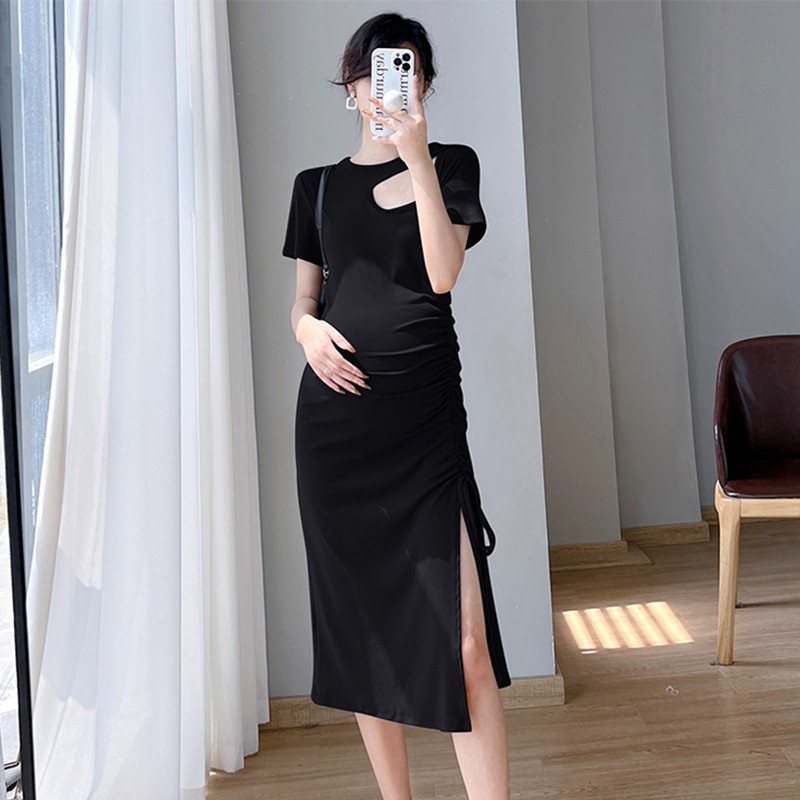 孕妇连衣裙夏装新款圆领个性破洞下摆开叉抽绳连衣裙中长款时尚女