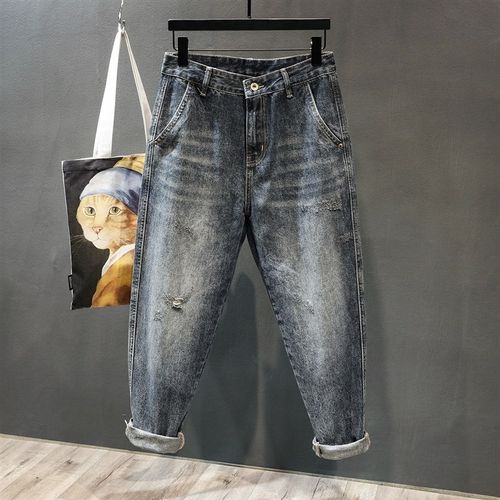 春秋小脚牛仔裤小破洞潮流百搭哈伦裤子男款宽松大码高街老爹男裤