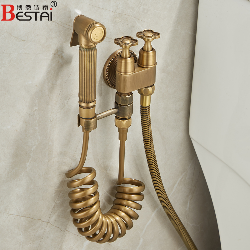 仿古马桶伴侣厕所冲洗喷枪复古水龙头全铜二出角阀妇洗器高压水枪