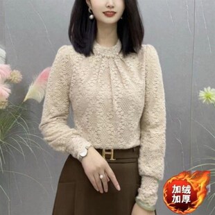 加绒蕾丝打底衫女l2024新款加绒加厚时尚珍珠领长袖气质百搭上