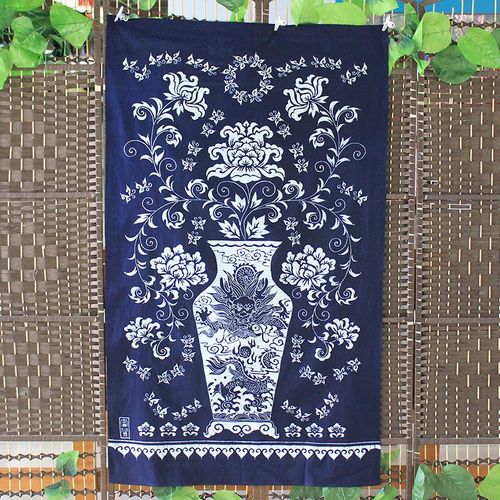 蜡染画富贵花瓶图案云南民族手工布艺蓝染布挂客厅卧室装饰隔断帘