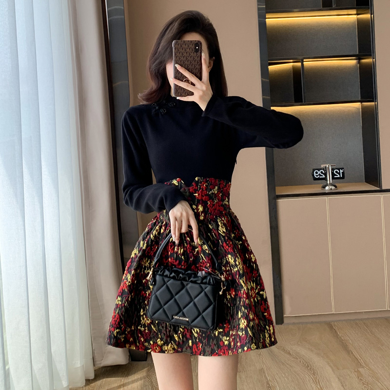 新中式国风改良旗袍高级感法式复古拼接连衣裙女收腰显瘦A字短裙