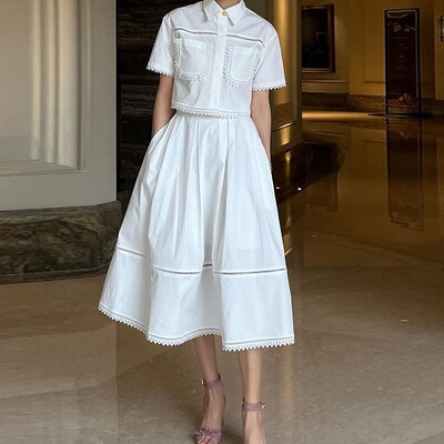 法式复古花边翻领钉珠p衬衫白色大摆型半身裙套装学院风两件套套