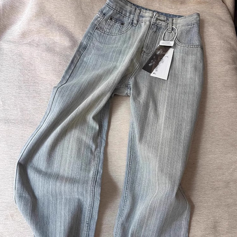 韩国肌理感阔腿牛仔裤女秋季新款高腰显瘦宽松直筒休闲百搭拖地~