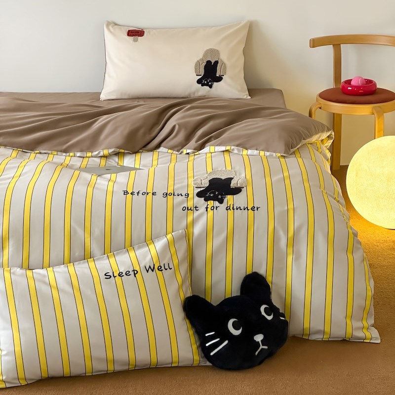 美拉德卡通猫咪刺绣100支纯棉长绒棉四件套全棉被套床单床上用品
