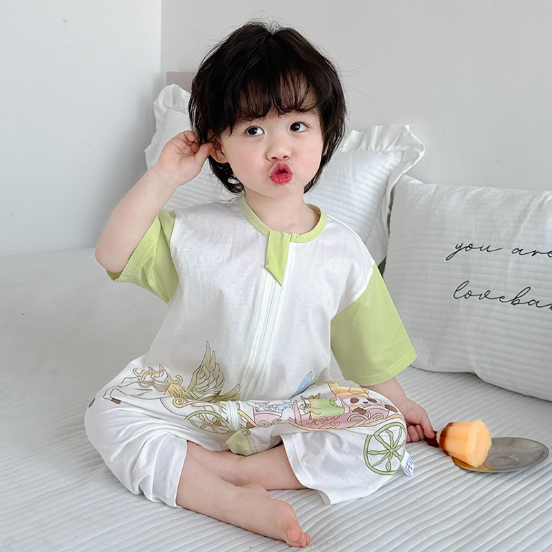 儿童连体睡衣夏季短袖睡袍男童婴儿纯棉睡衣薄款家居裙春秋男宝宝