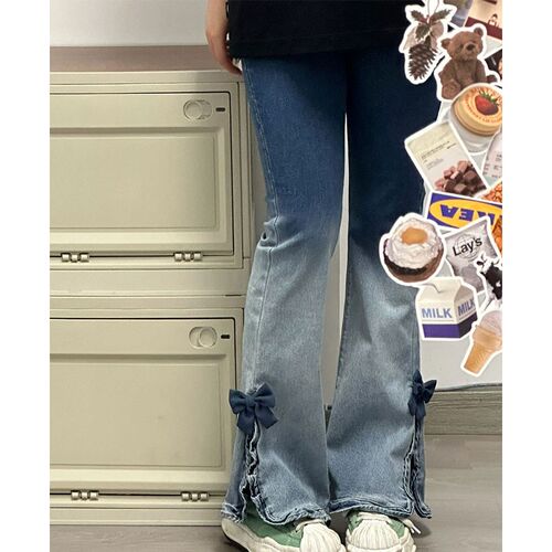 2-300斤加肥加大复古渐变开叉牛仔裤女胖mm设计S感显瘦微喇叭长裤