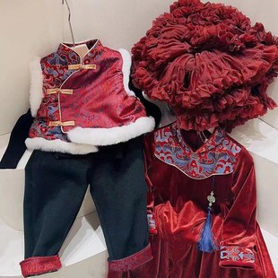 年货款女童套装冬季2023新款儿童拜年服K男童姐弟装古风童装连衣
