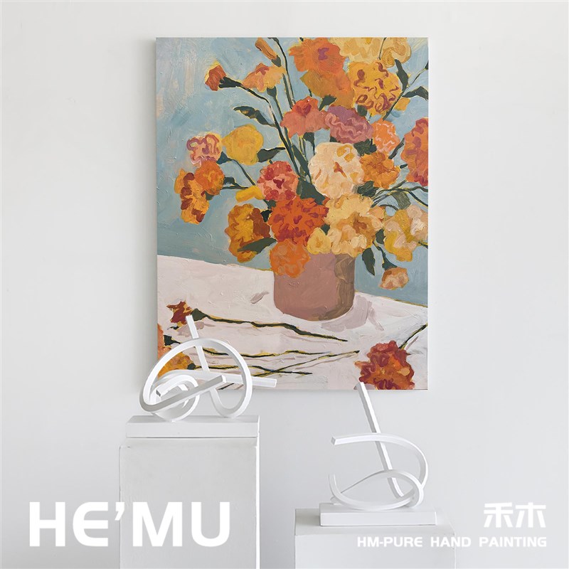 美式花卉纯手g绘油画客厅牡丹花挂画玄关丙烯肌理画卧室餐厅装饰图片