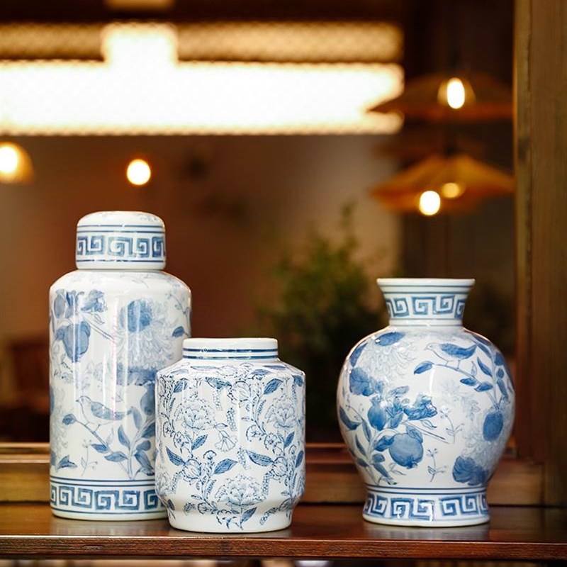 新中式青花瓷花瓶摆件客厅陶瓷插花复古风高O级感电视柜家居装饰