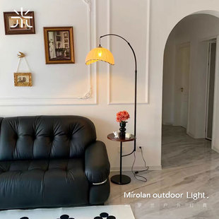 落地灯中古法式复古客厅沙发灯卧室落地灯L置物架一体奶油风落地