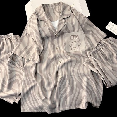 水波纹睡衣男款夏季冰丝绸短袖长裤夏天大码薄款三件套家居服套装