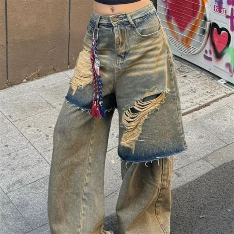 美式街头重工水洗泥染破洞假两件牛仔裤女大码设计感宽松垂感长裤