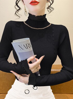 重工钉钻纽d扣针织打底衫女秋冬新款黑色气质蕾丝拼接长袖毛衣上