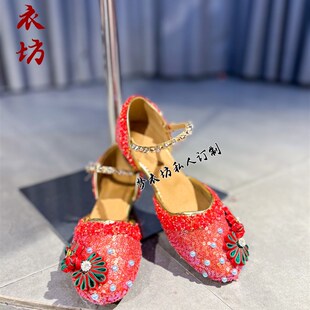 私人定制女童高跟鞋中国风走秀高跟鞋女童少数民族鞋绣花鞋礼服鞋