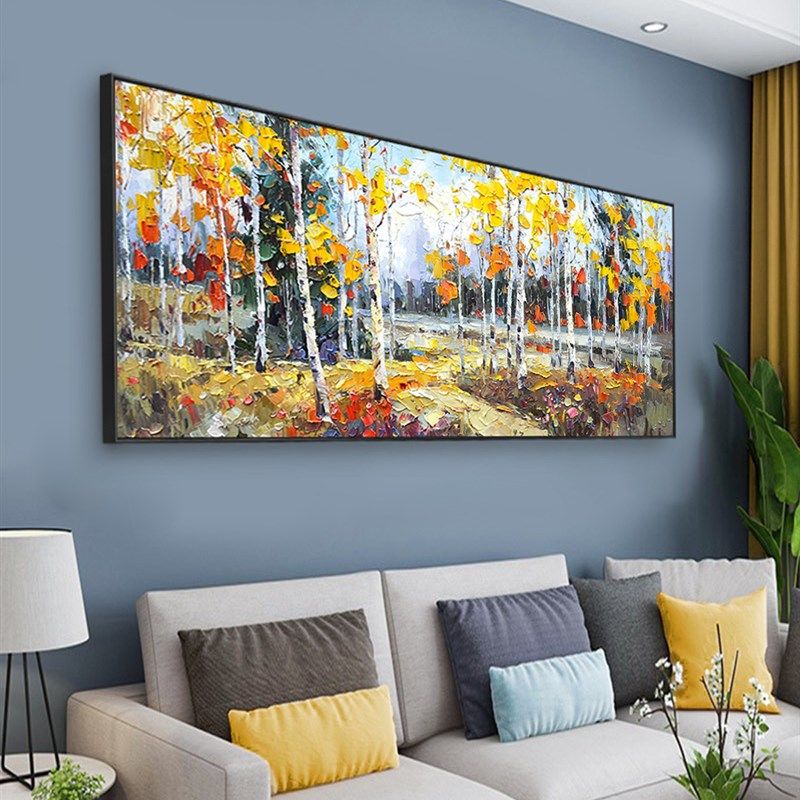 纯手绘白桦林油画客厅沙发背景墙美式风景挂画卧室床头横版装饰画