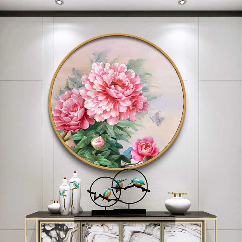 新中式牡丹花纯手绘油画客厅玄关花卉装饰K画花开富贵卧室圆形挂图片