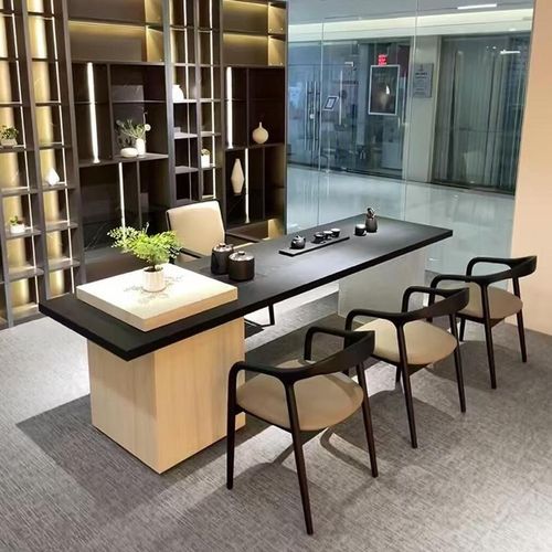 新中式实木茶桌北美黑胡桃木高端岩板茶台现代高级感办公室泡茶桌