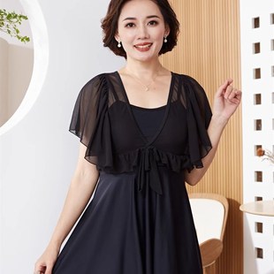 游泳衣女士中老年遮o肚显瘦保守大码 温泉连体泳 中年妈妈黑色新款