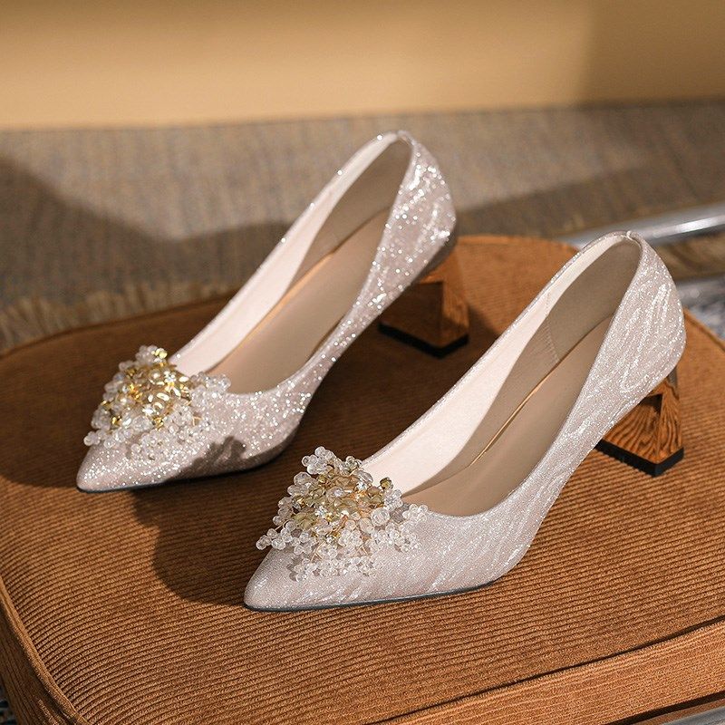 大码婚鞋41一43脚胖脚宽粗跟x妈妈婚礼高跟鞋小码单鞋女313233婚